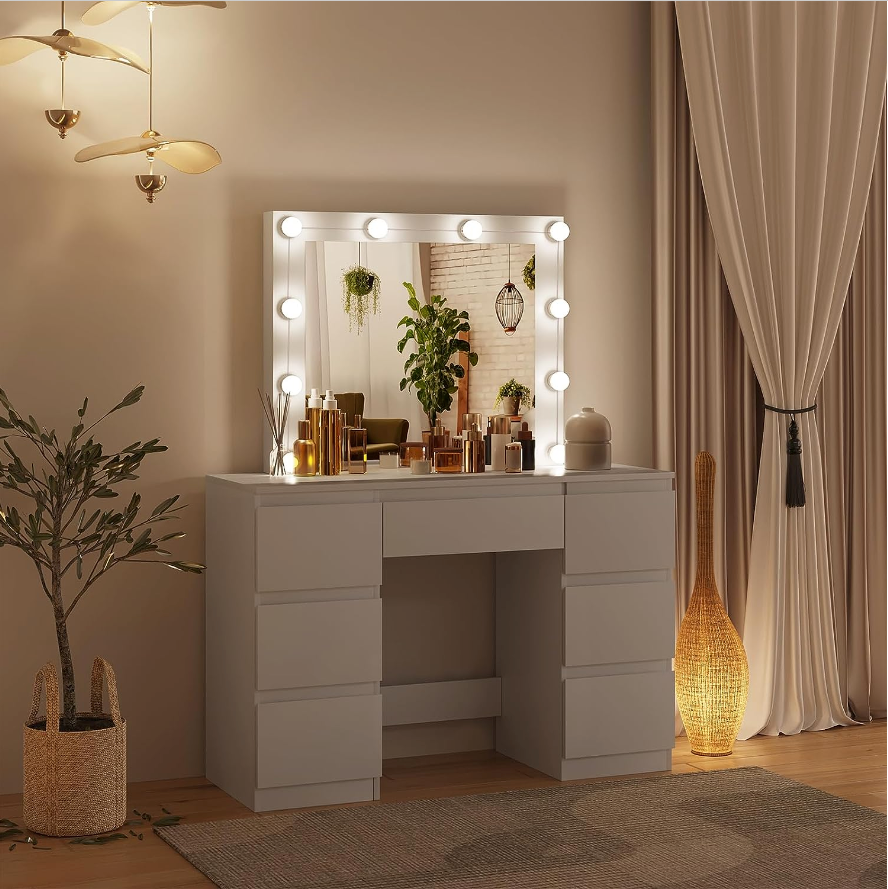 Coiffeuse blanche avec miroir led - 7 tiroirs