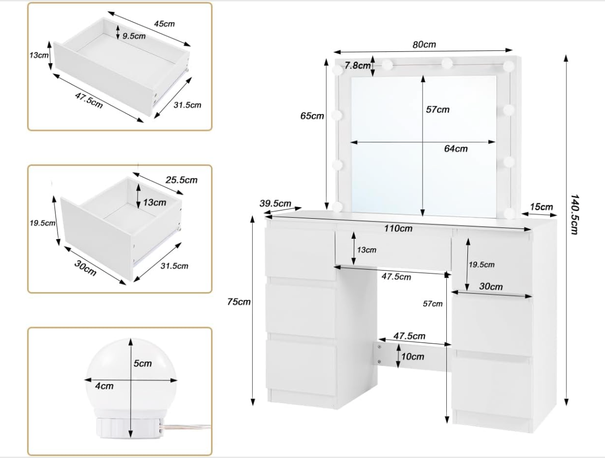 Coiffeuse blanche avec miroir led - 7 tiroirs