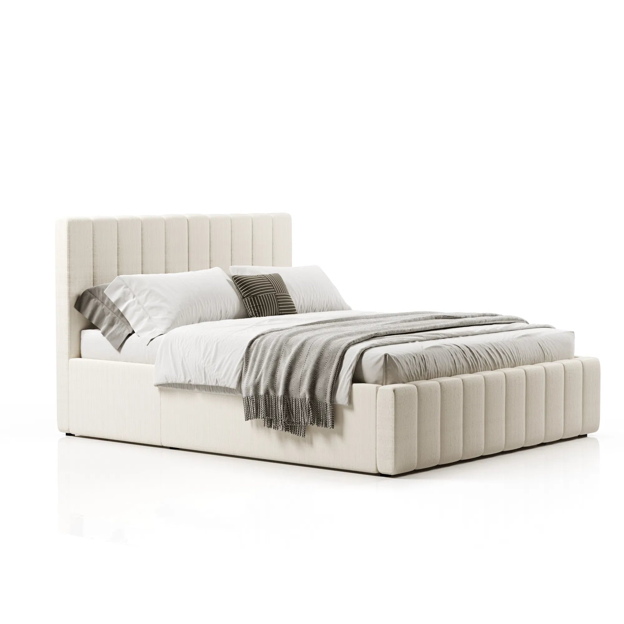 Lit Coffre Tissu Velours Côtelé - Tissu Bouclettes Beige