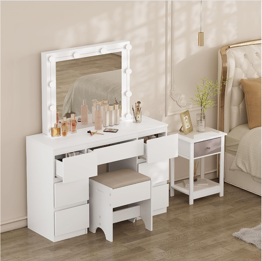 Coiffeuse blanche avec miroir led - 7 tiroirs