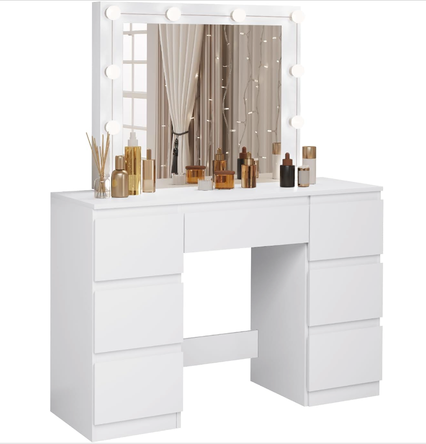Coiffeuse blanche avec miroir led - 7 tiroirs