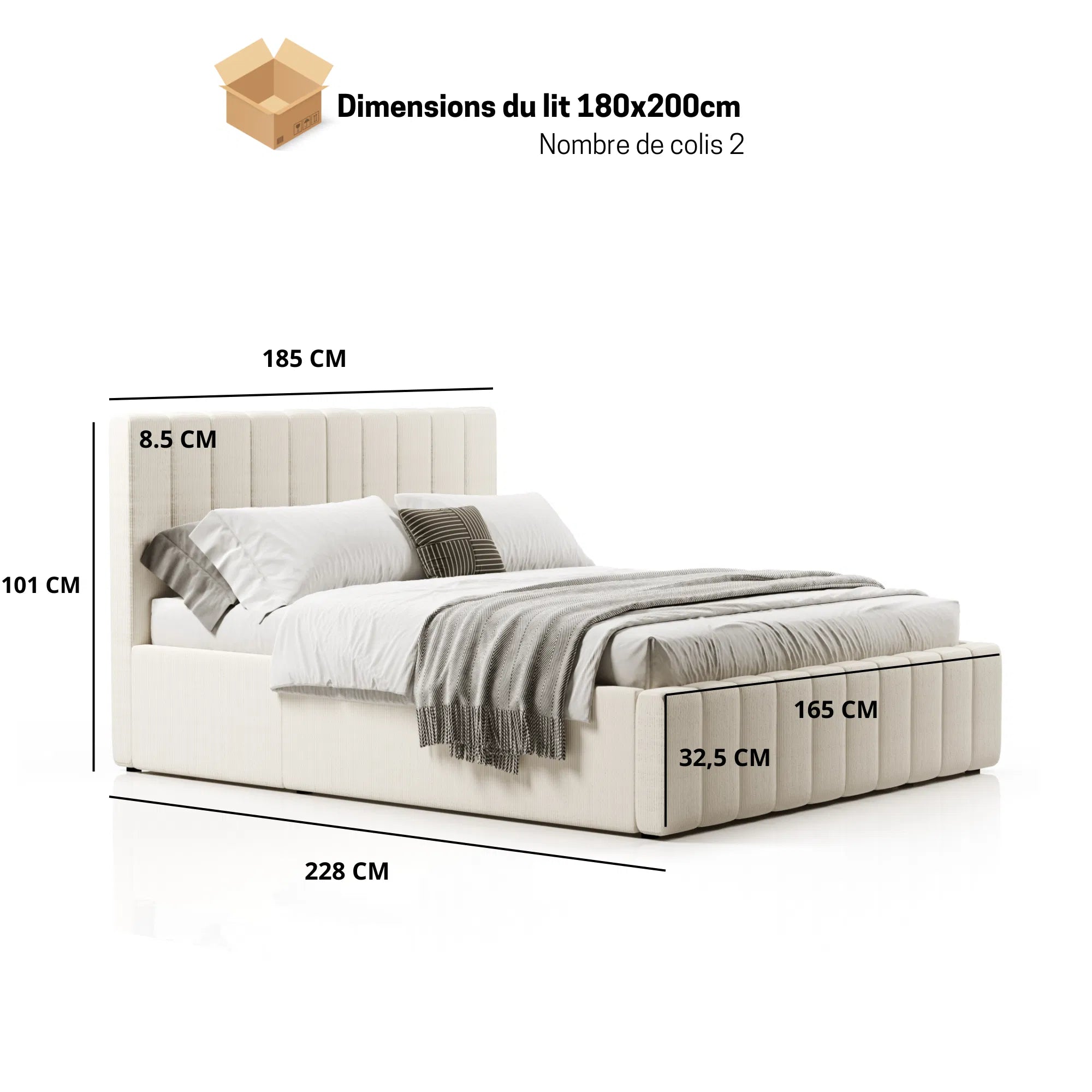 Lit Coffre Tissu Velours Côtelé - Tissu Bouclettes Beige