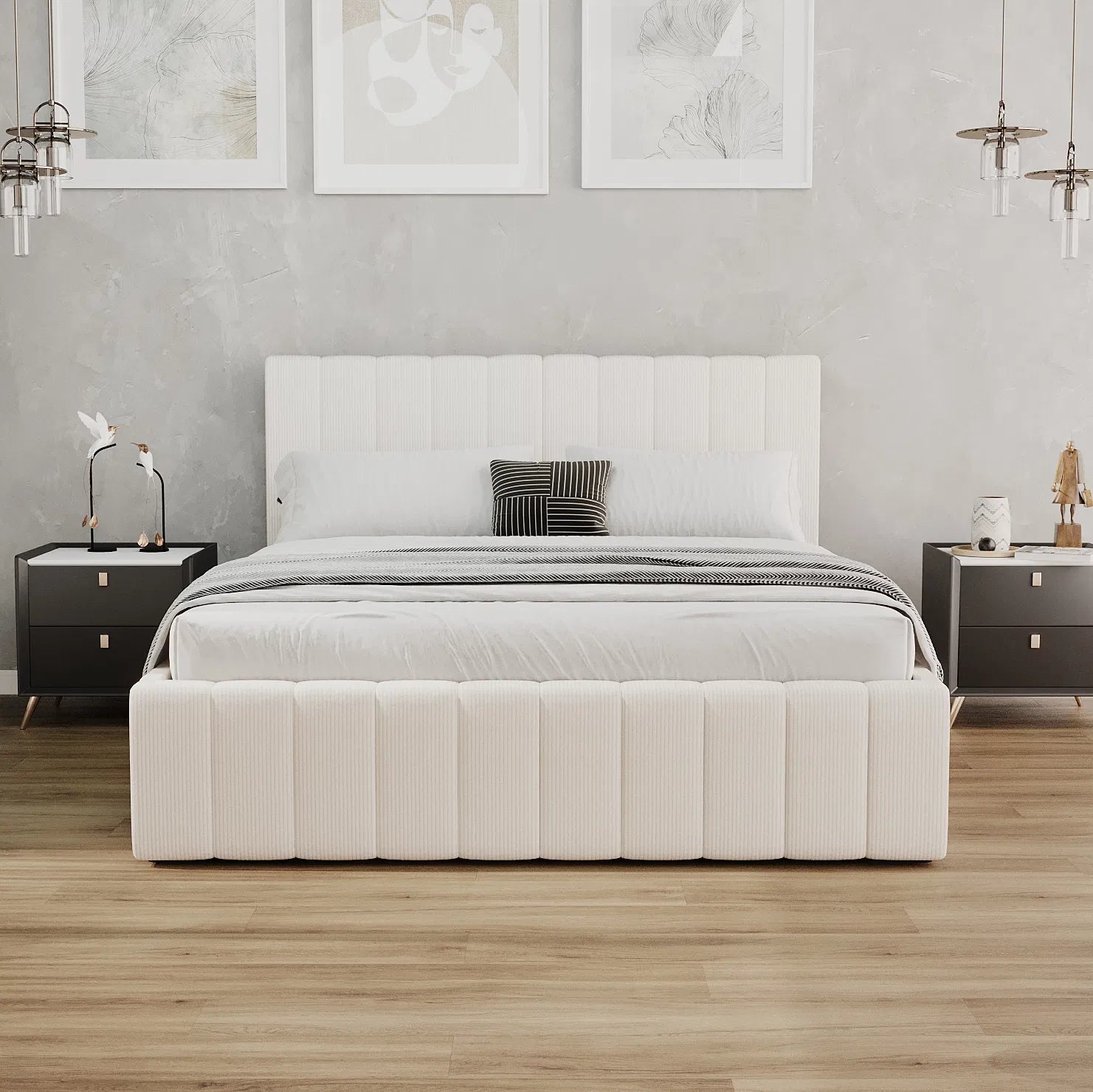 Lit Coffre Tissu Velours Côtelé - Tissu Bouclettes Beige